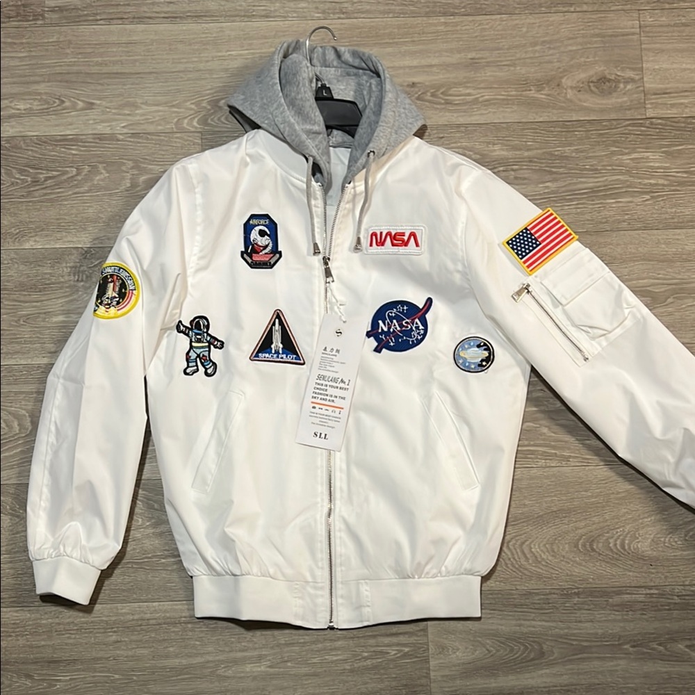 White NASA Bomber Jacket with Space Patches and Gray Hood